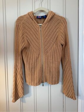 Y2K Next Era Tan Ribbed Knit Zip Hoodie Sweater L Bell Sleeve Boho
